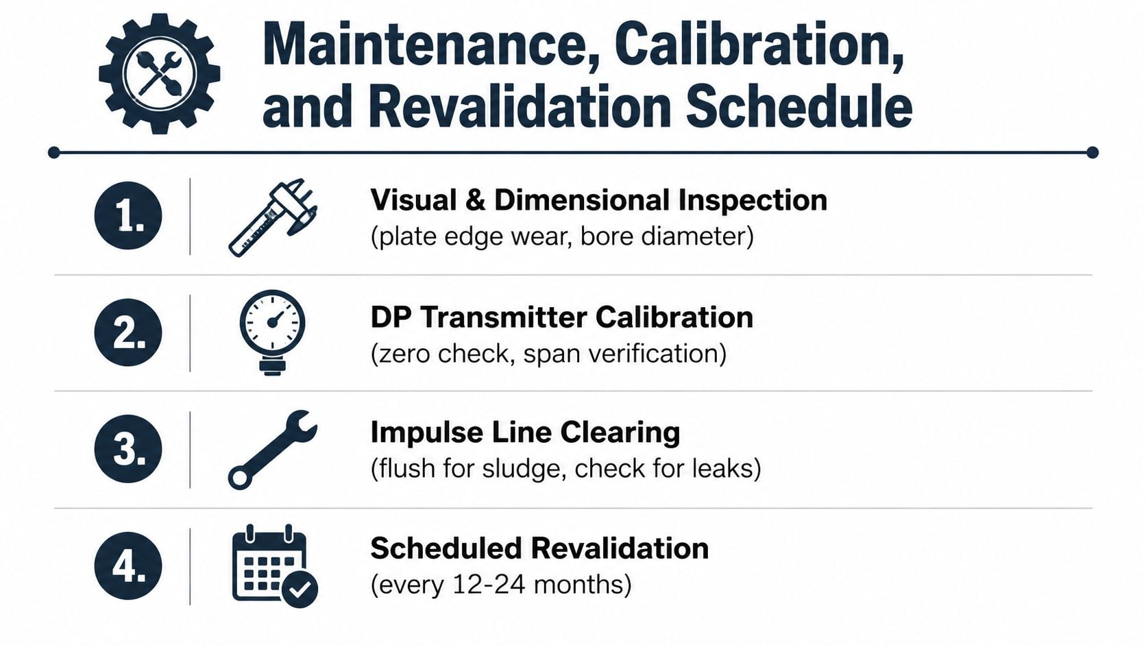 A four-step schedule infographic detailing the maintenance, calibration, and revalidation process for an orifice flow sensor.