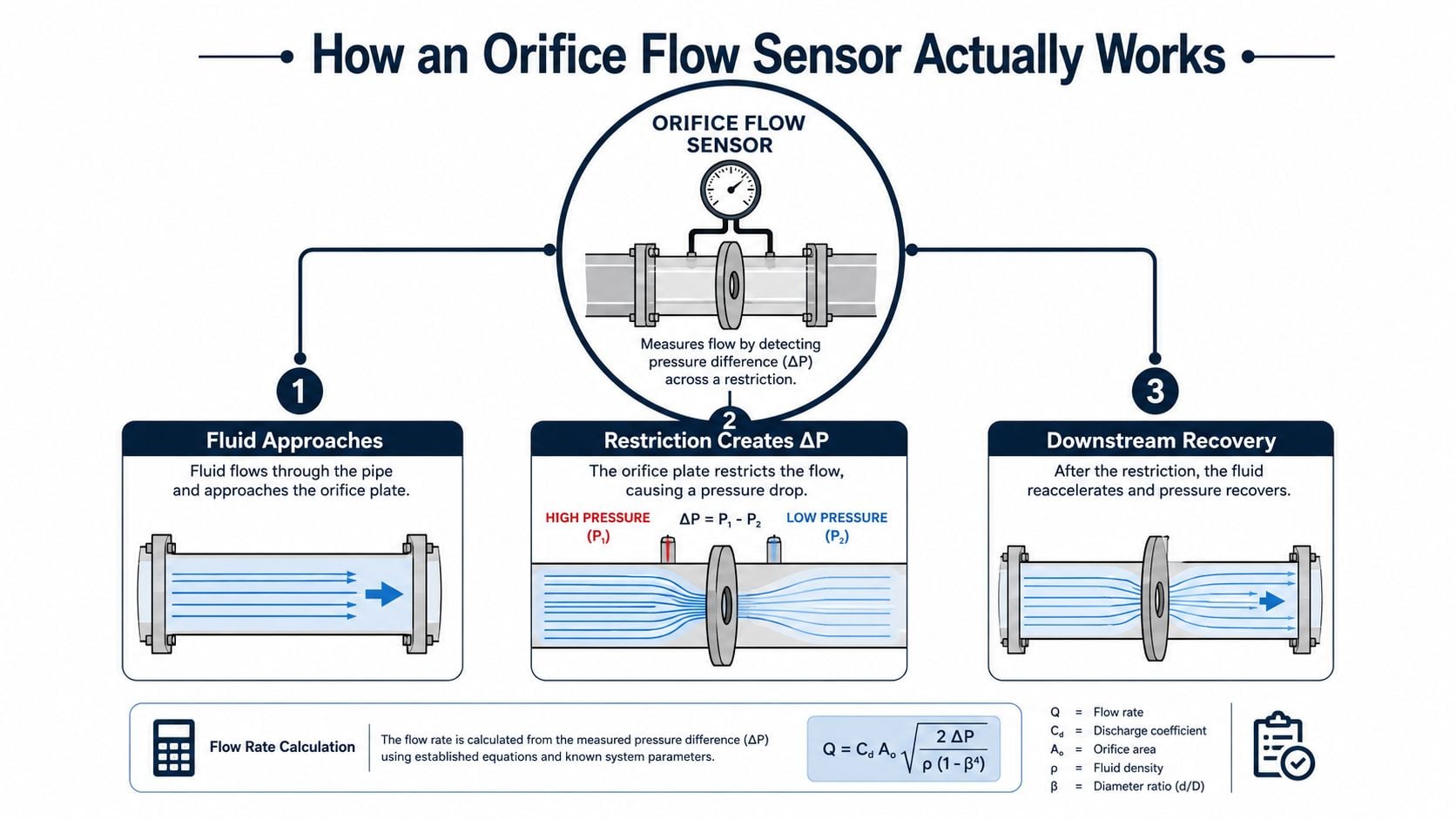 A diagram explaining how an orifice flow sensor works by measuring pressure drops across a pipe restriction.