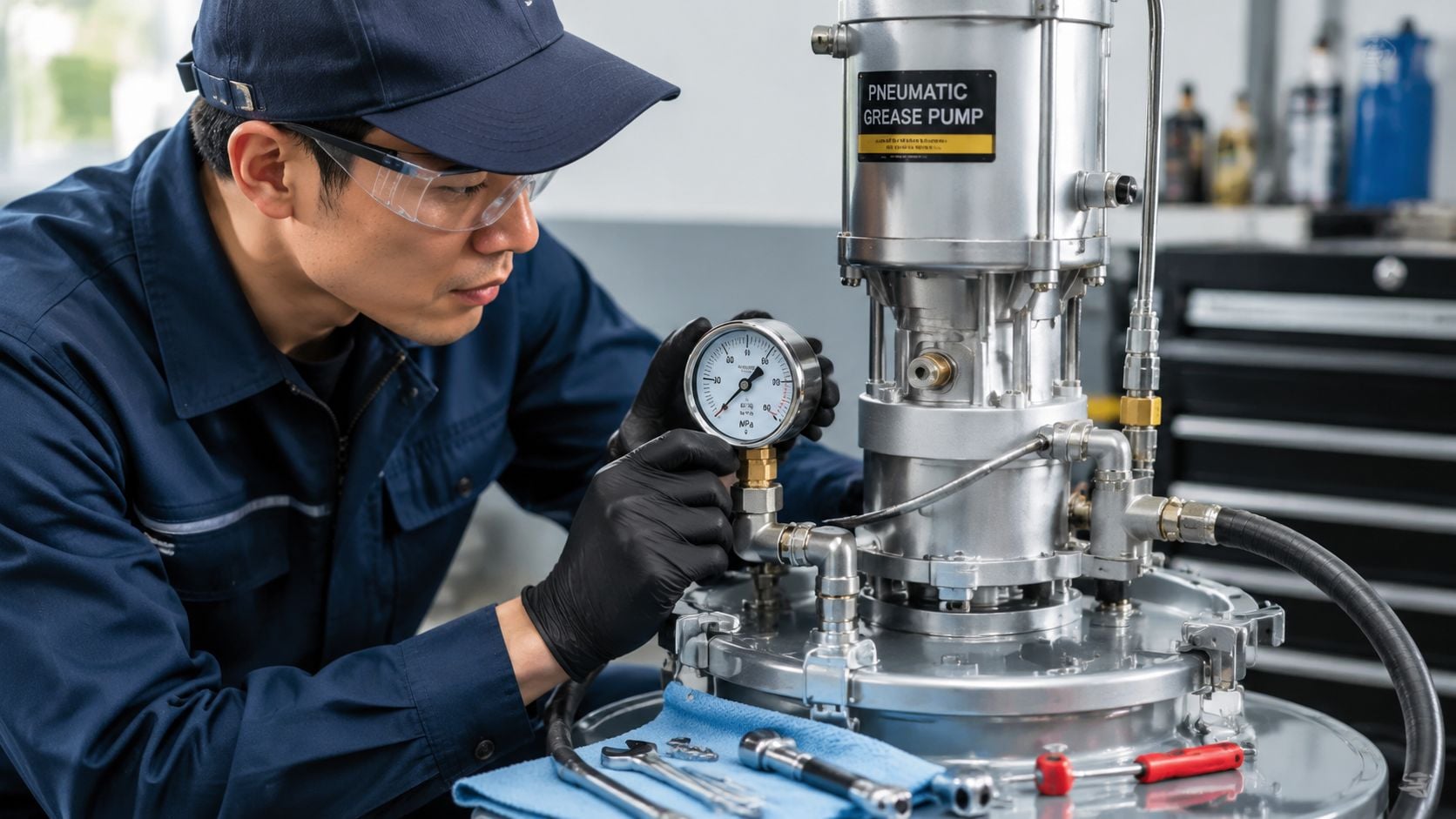 A skilled technician inspecting a pneumatic grease pump with a pressure gauge in a professional workshop setting.