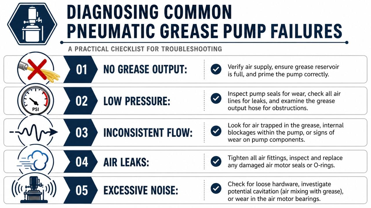 A troubleshooting checklist for diagnosing and fixing common failure issues with industrial pneumatic grease pumps.