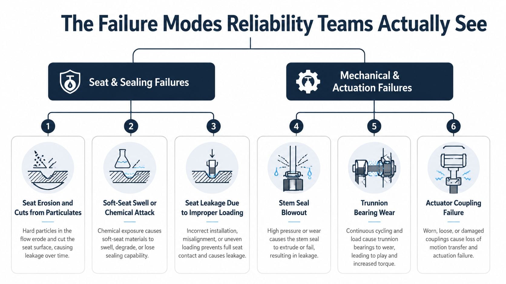 A technical infographic categorizing common failure modes in trunnion ball valves, including sealing and mechanical actuator issues.