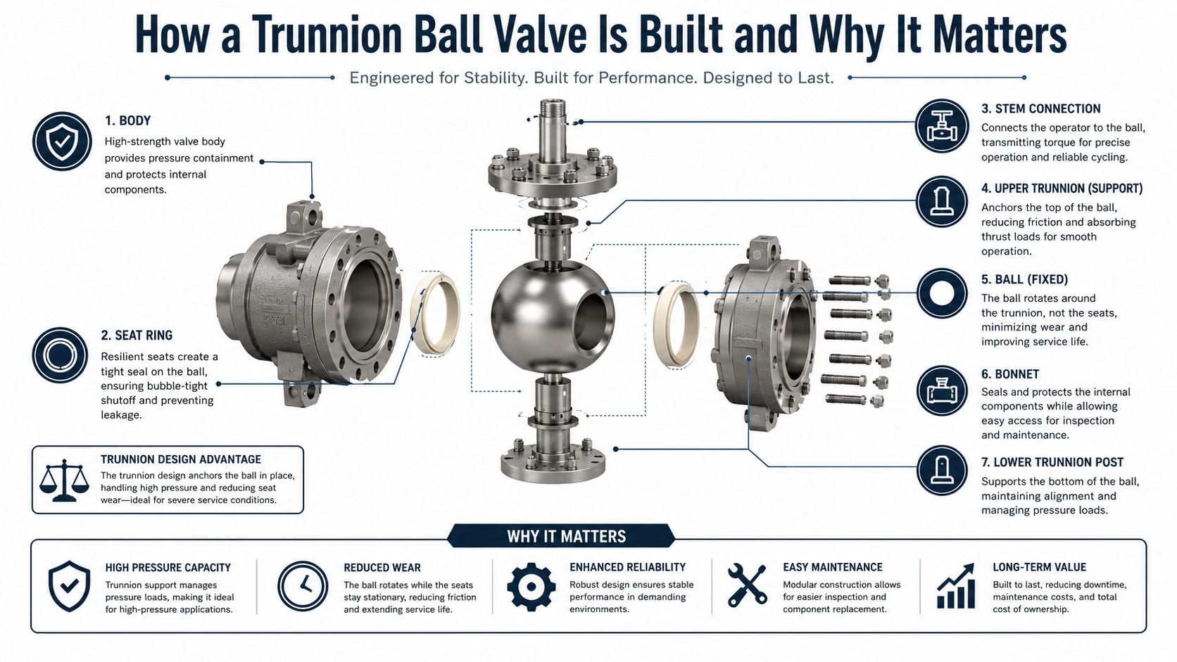 A detailed technical diagram illustrating the components and benefits of an industrial trunnion ball valve design.