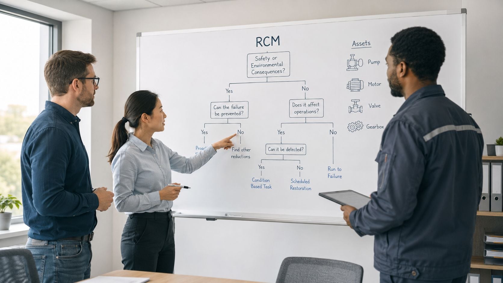 A professional team discussing Reliability Centered Maintenance strategies using a flowchart on a whiteboard in an office.