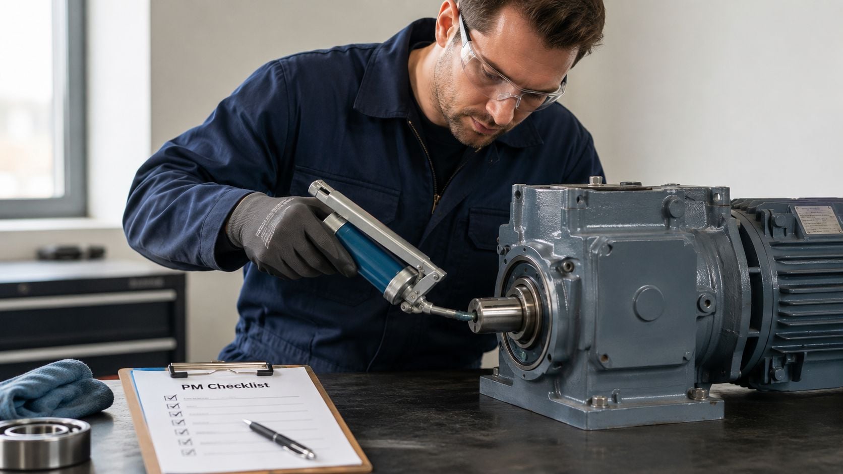 A professional technician wearing safety goggles greasing a mechanical motor part on a workshop workbench.