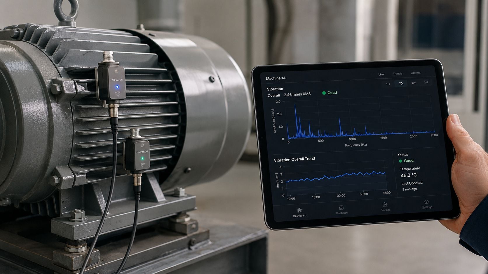 A technician holds a tablet displaying real-time vibration and temperature monitoring data for an industrial motor.