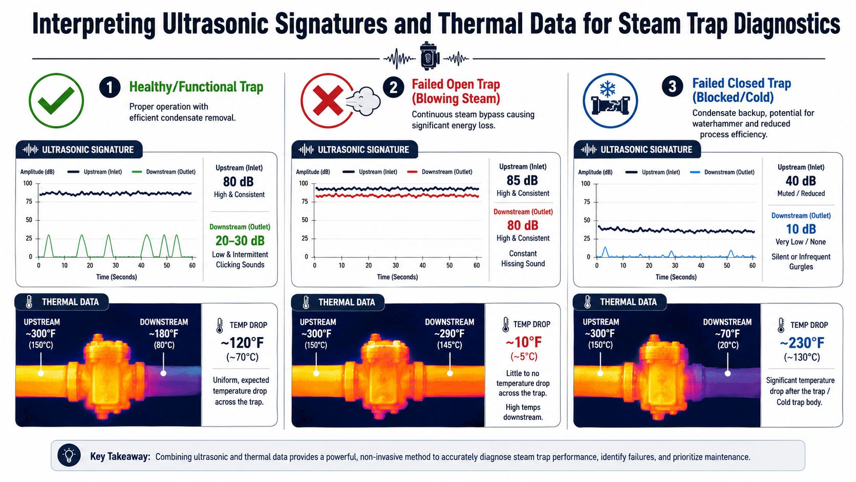 A diagnostic guide illustrating ultrasonic signatures and thermal data for healthy, failed open, and blocked steam traps.