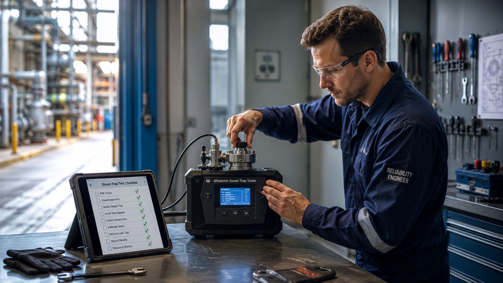 A reliability engineer performing ultrasonic steam trap testing on a piece of equipment in an industrial workshop.