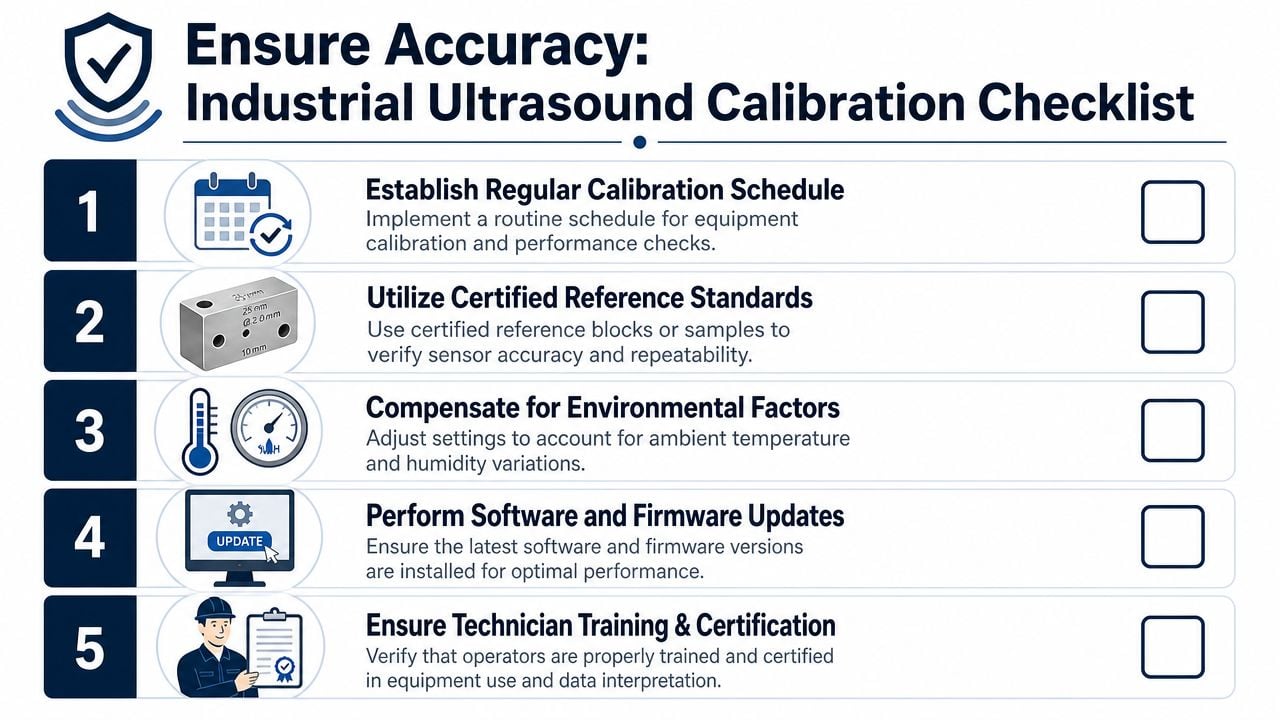 A five-step checklist infographic for ensuring accuracy in industrial ultrasound equipment calibration and maintenance procedures.