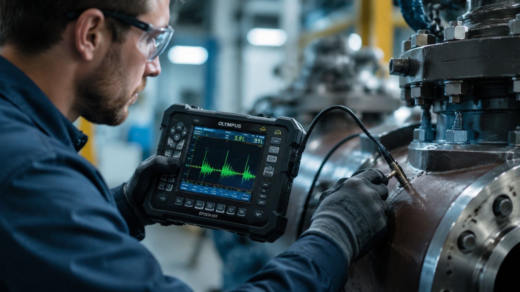 A technician using Olympus ultrasound testing equipment to inspect industrial machinery in a manufacturing facility.