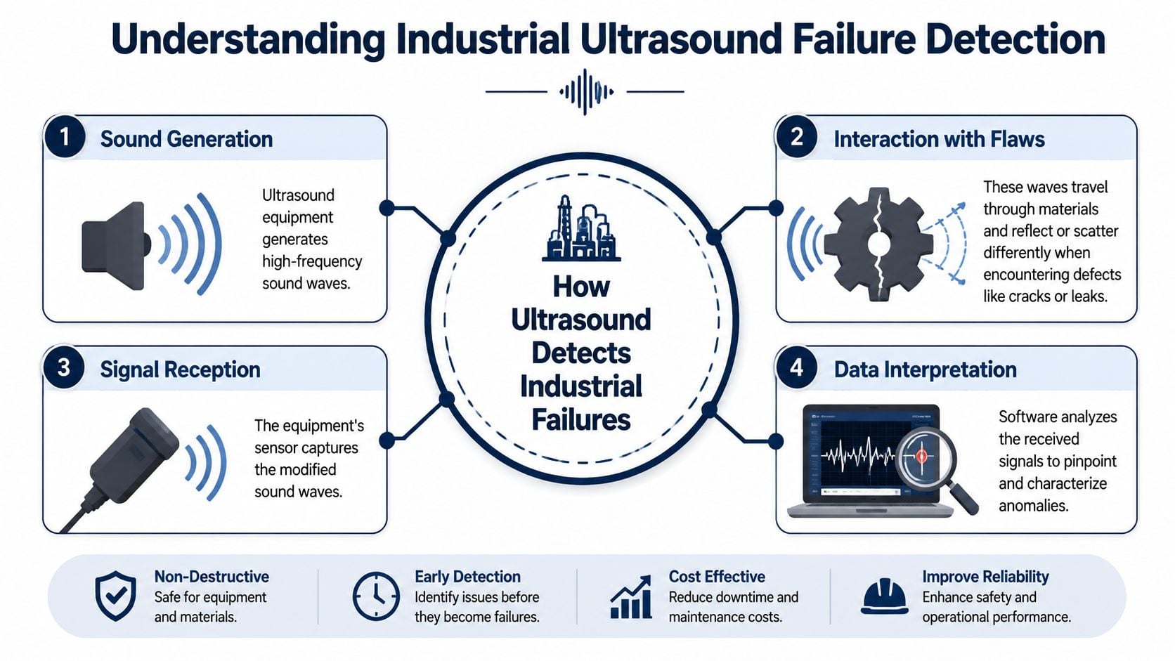 An infographic illustrating the four stages of how industrial ultrasound technology detects equipment failures and defects.