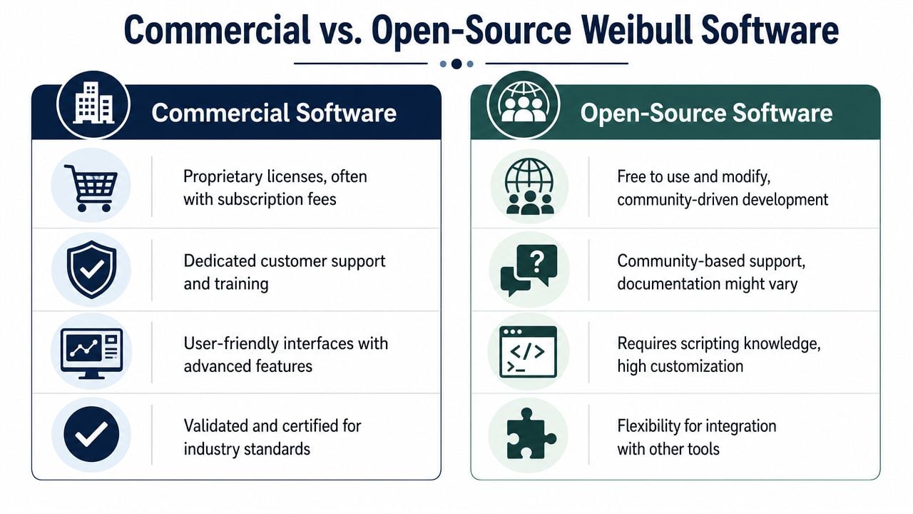 A comparison chart outlining the key differences between commercial and open-source Weibull software solutions.