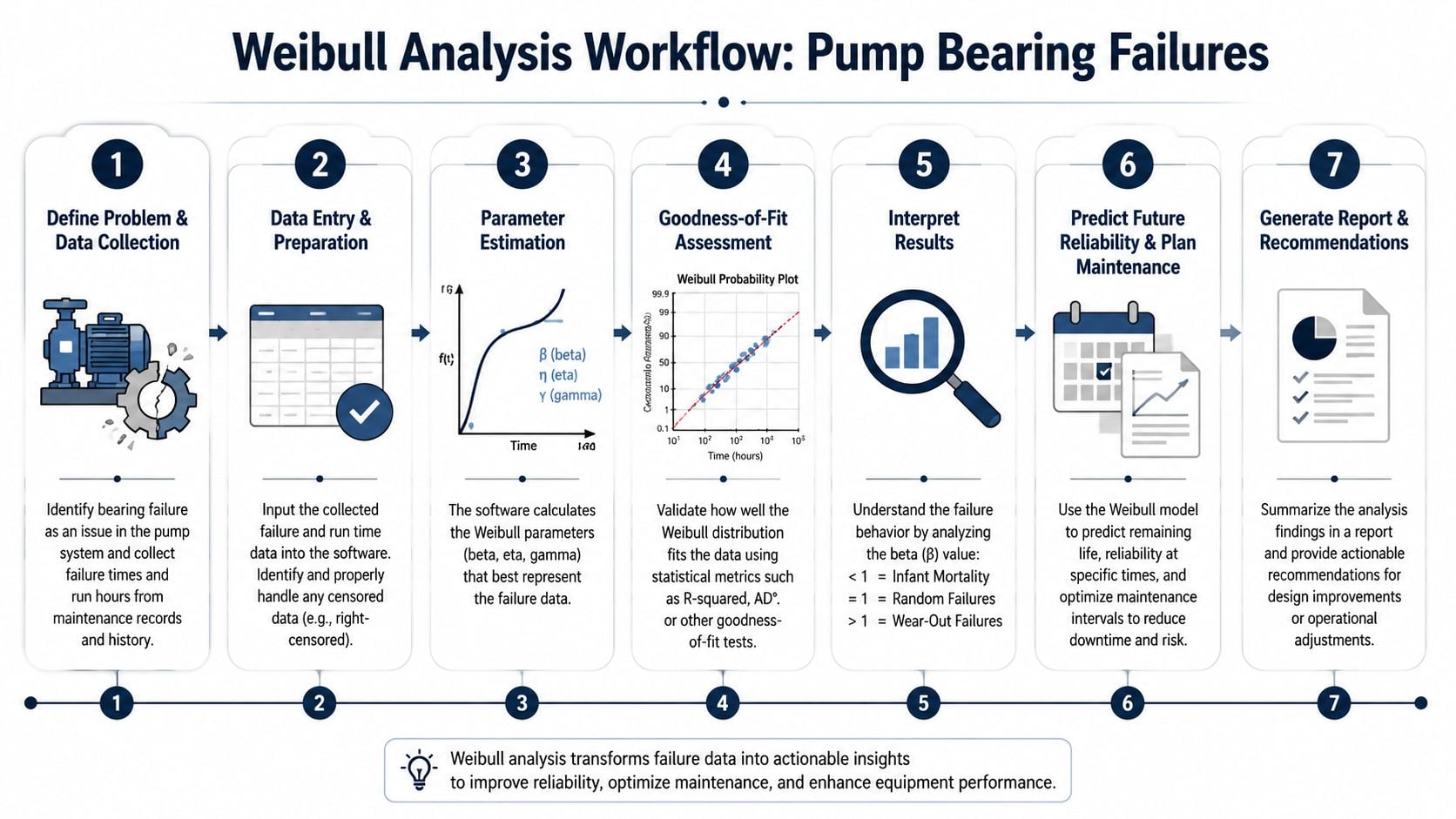 A seven-step flowchart illustrating the Weibull analysis workflow for pump bearing failures, from data collection to reporting.