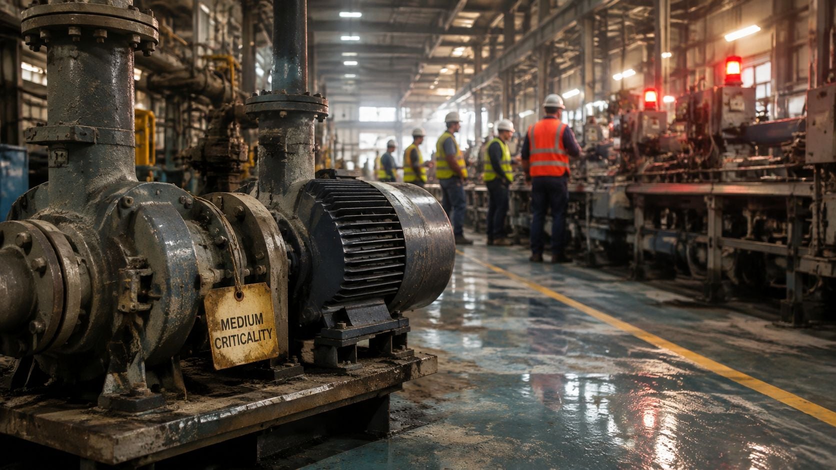 Industrial workers in a factory standing near a piece of machinery labeled with medium criticality tag