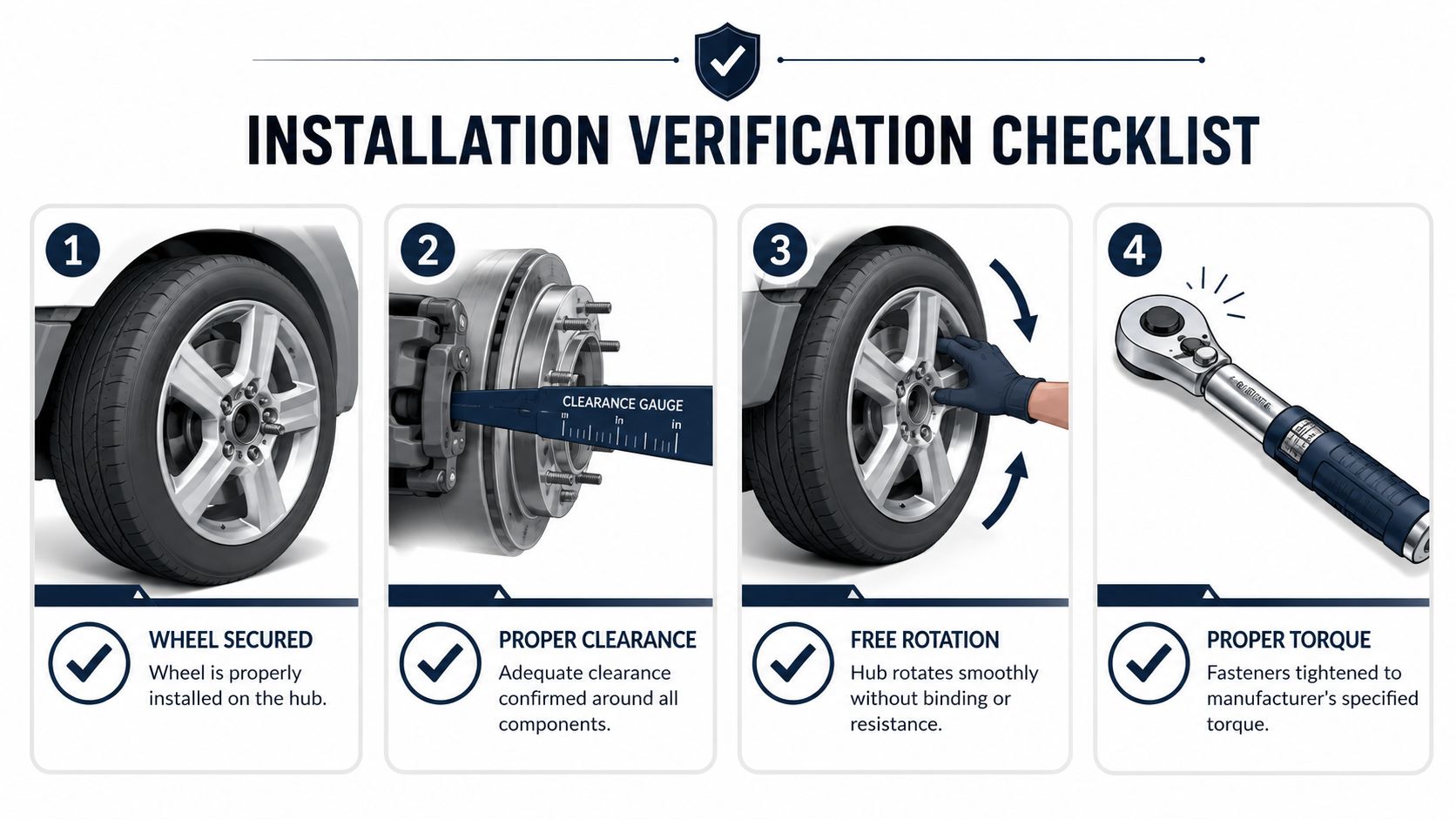 A four-step installation verification checklist for vehicle wheel hubs, showing proper mounting, clearance, rotation, and torque procedures.