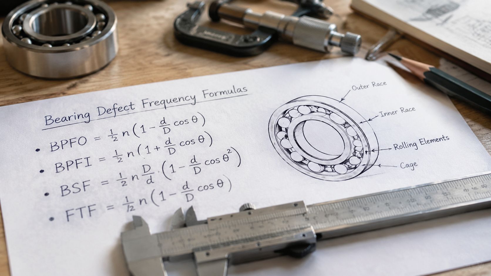 A technical document on a wooden desk showing bearing defect frequency formulas with a mechanical drawing.