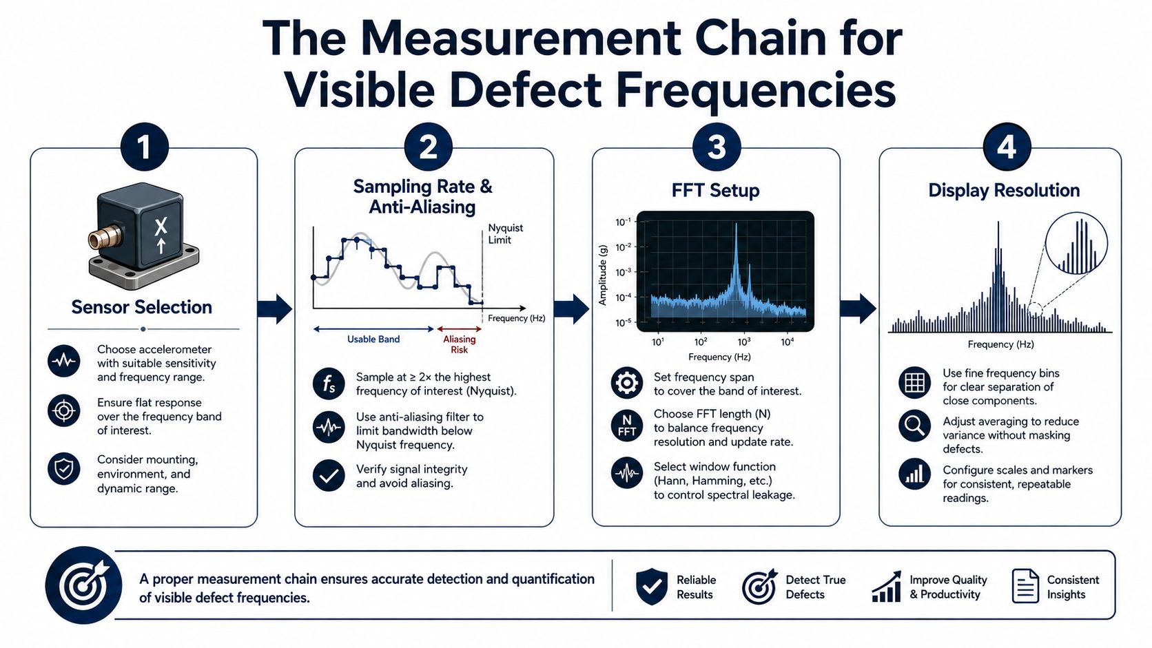 A four-step technical infographic illustrating the measurement chain process for identifying and analyzing visible bearing defect frequencies.