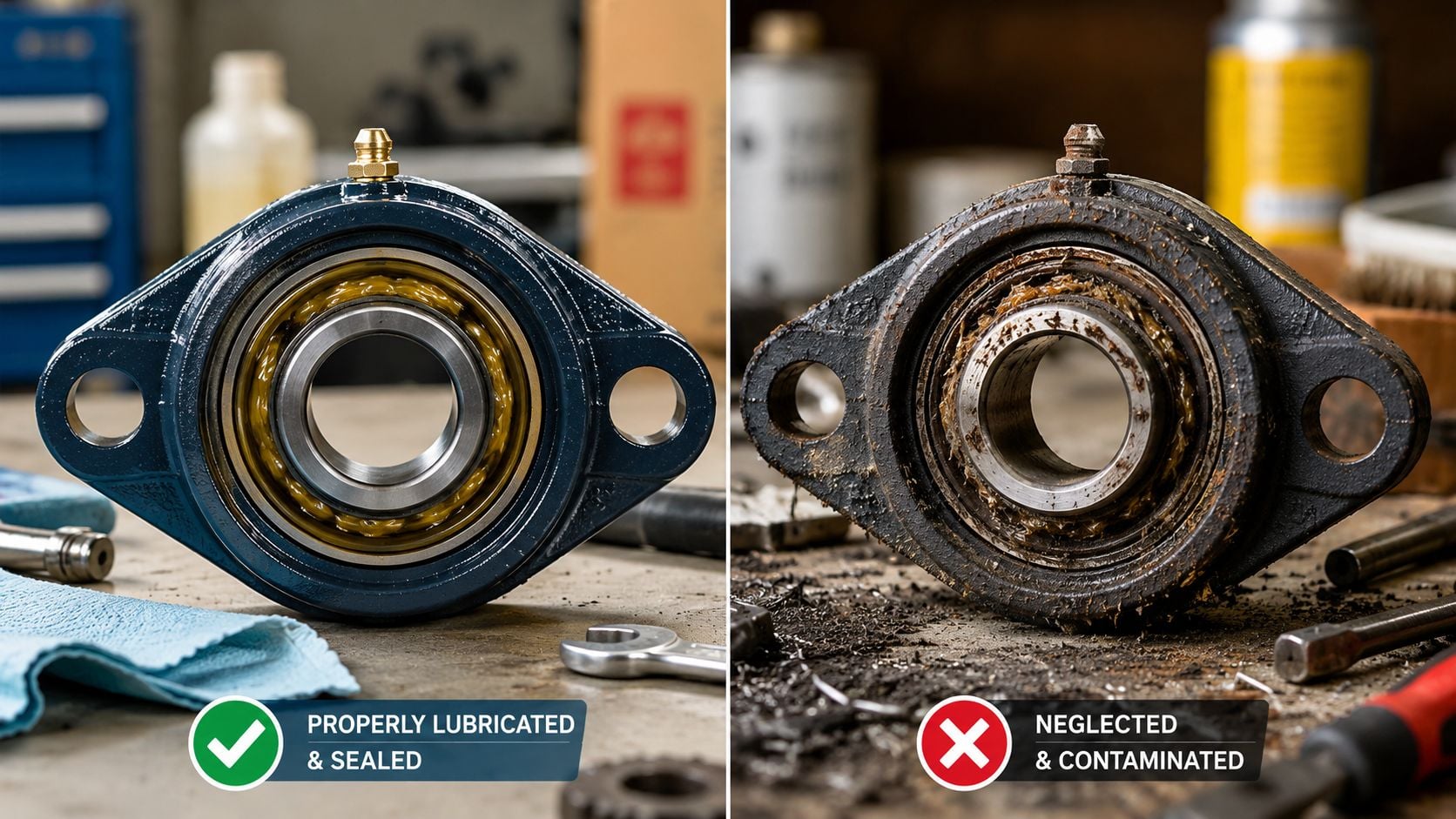 A side-by-side comparison showing a clean, properly lubricated bearing mounting flange versus a neglected, contaminated, dirty bearing.