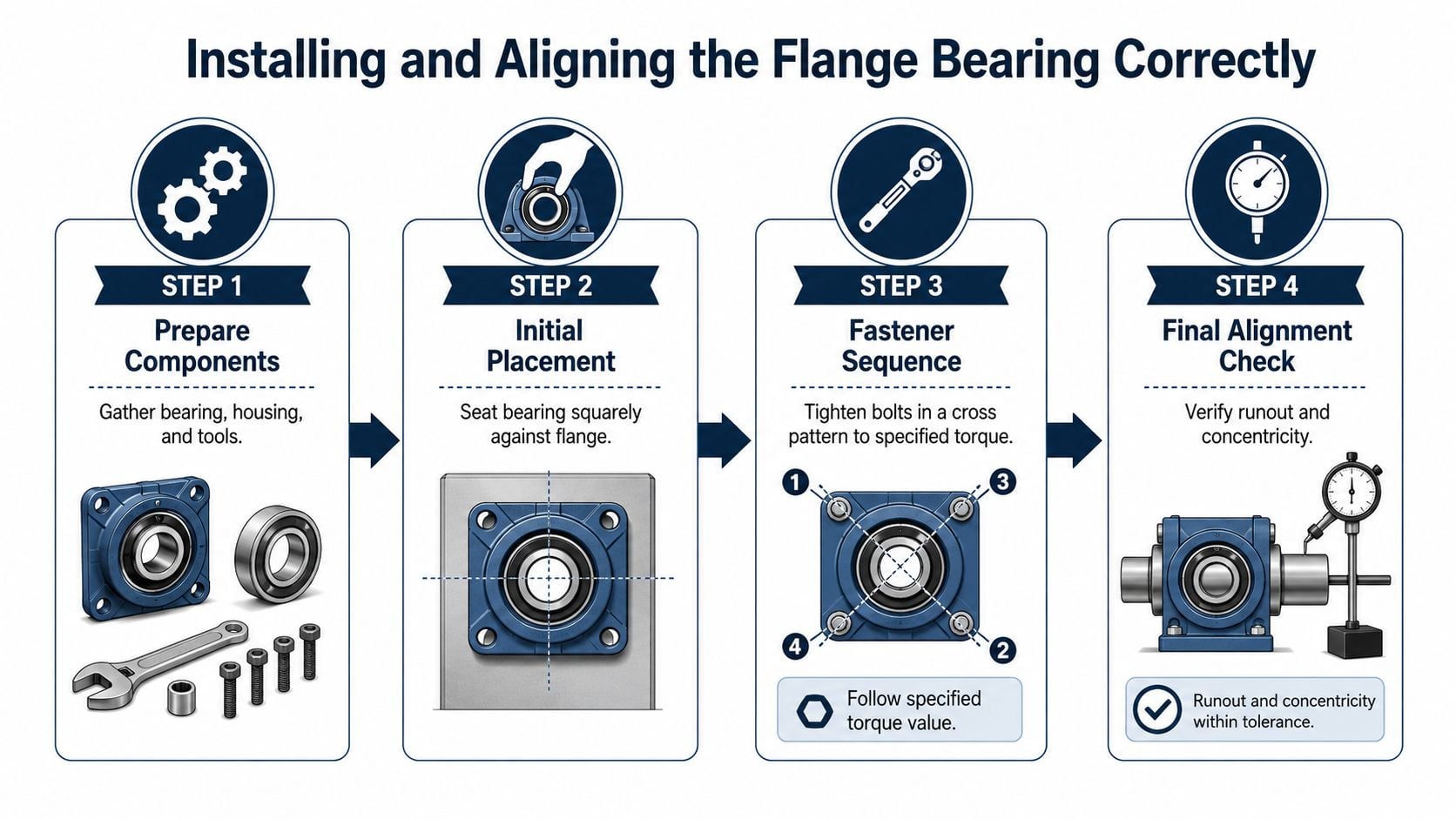 A four-step infographic illustrating the professional procedure for installing and aligning a flange bearing assembly.