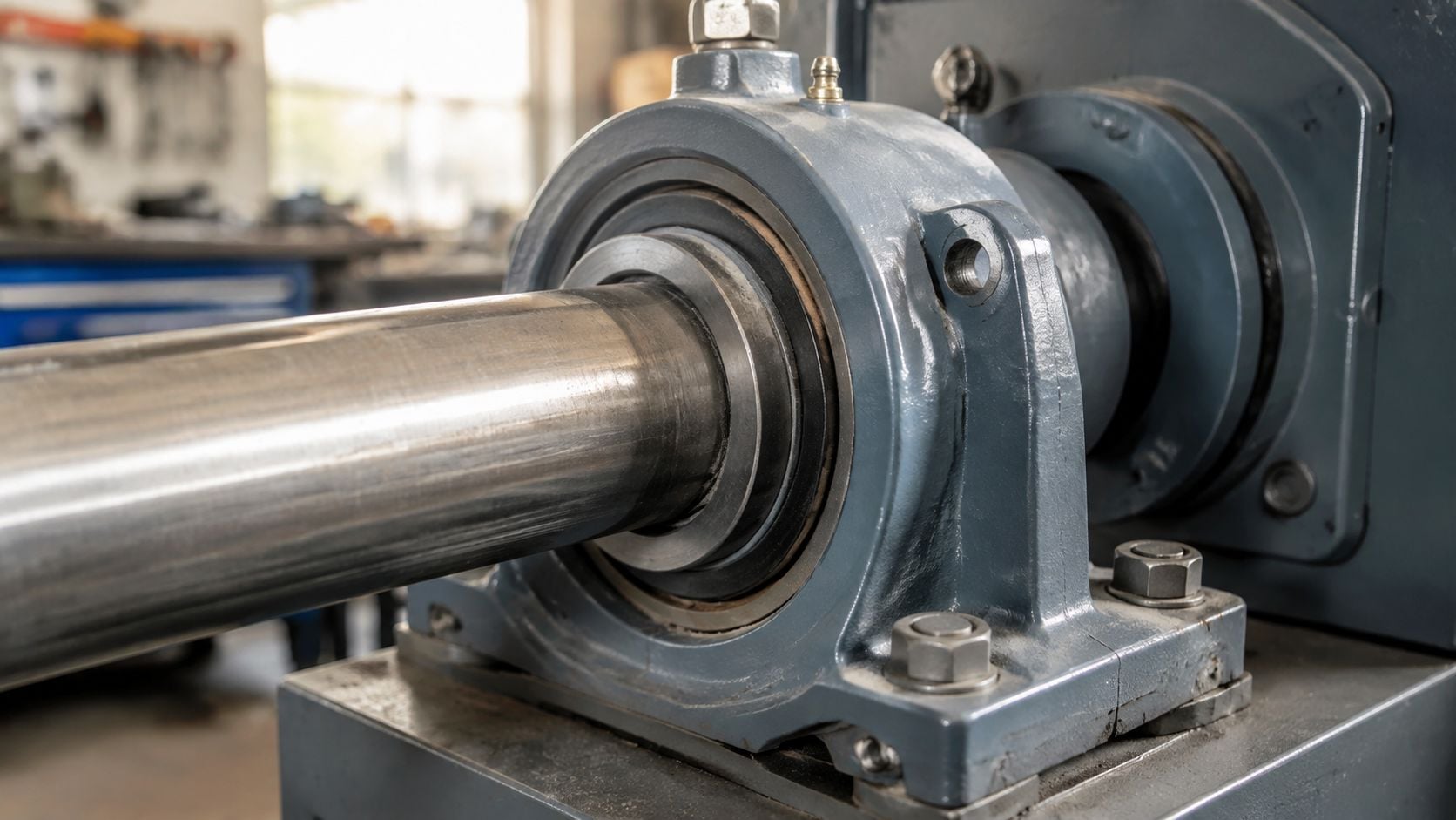 A close-up view of a metal drive shaft supported by a heavy-duty industrial bearing mounting flange unit.
