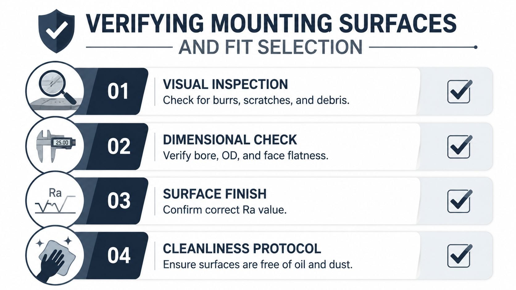 An infographic titled Verifying Mounting Surfaces and Fit Selection showing four inspection steps for mechanical components.