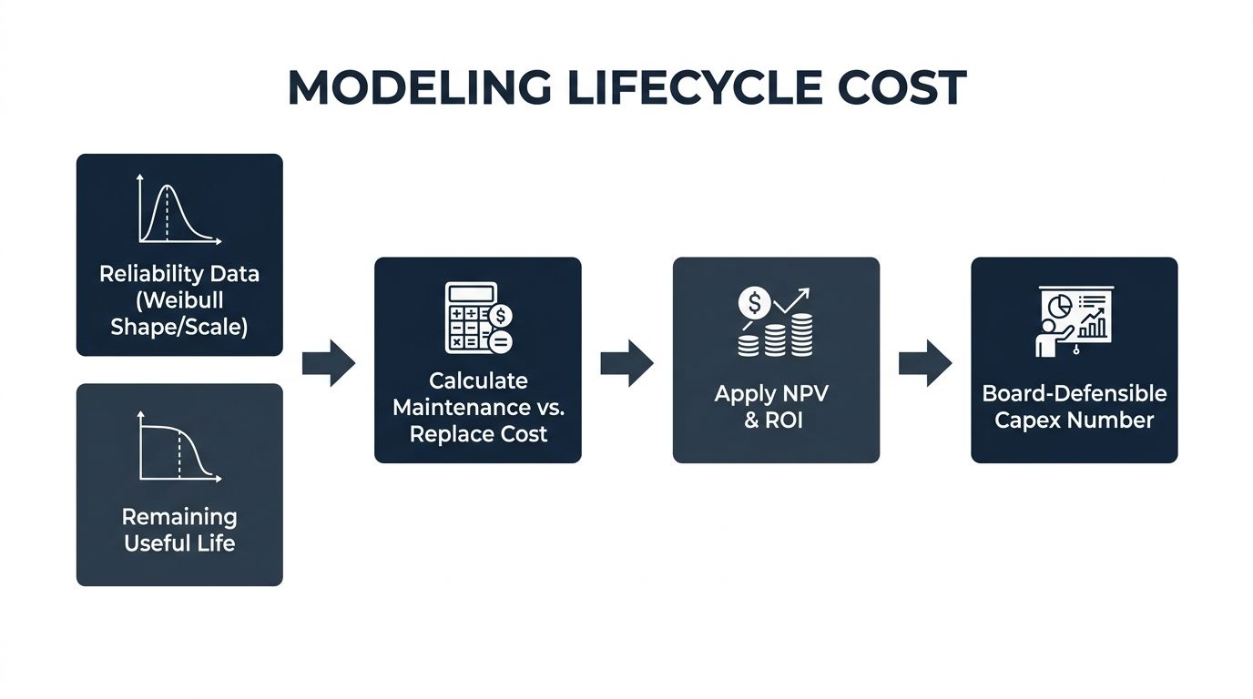 A diagram illustrating the step-by-step process of modeling lifecycle costs for capital expenditure planning.
