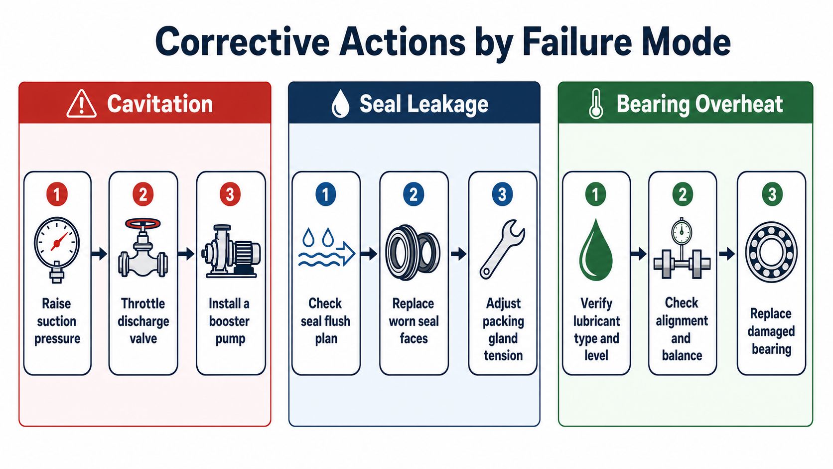 A chart showing corrective actions for pump failure modes including cavitation, seal leakage, and bearing overheat.