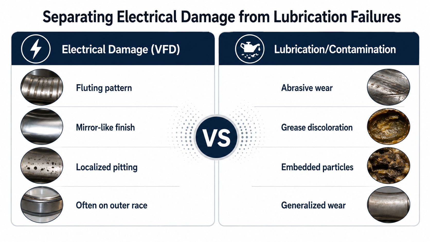 A comparison chart showing visual differences between electric motor bearing damage from electrical issues versus lubrication failure.