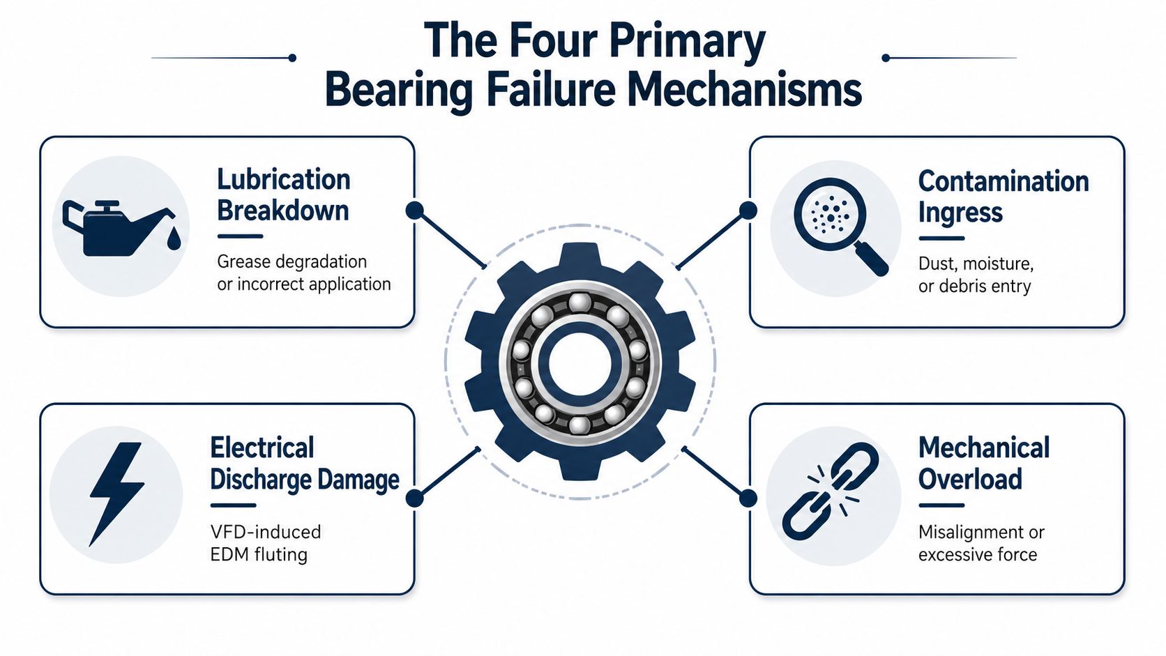 A diagram illustrating the four primary causes of electric motor bearing failure: lubrication, contamination, electrical damage, and overload.