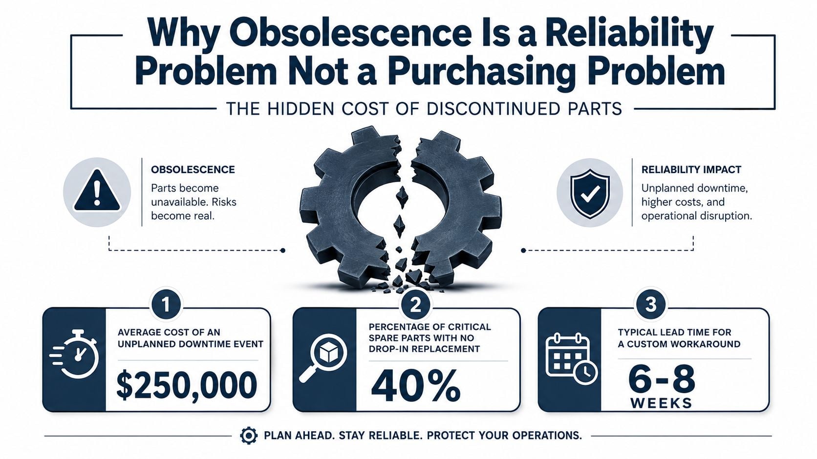 An infographic titled Why Obsolescence Is a Reliability Problem, illustrating costs and risks of discontinued industrial parts.