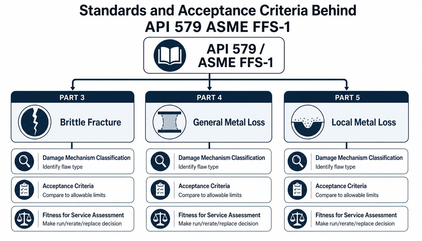 A diagram illustrating the standards and acceptance criteria for API 579 ASME FFS-1, covering parts 3, 4, and 5.