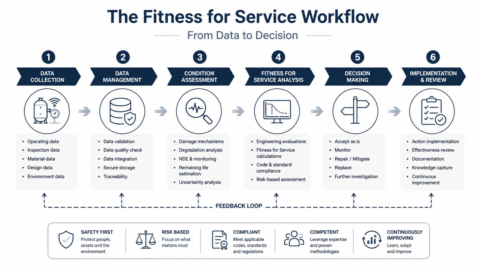 A flowchart titled The Fitness for Service Workflow outlining six steps from data collection to final review.