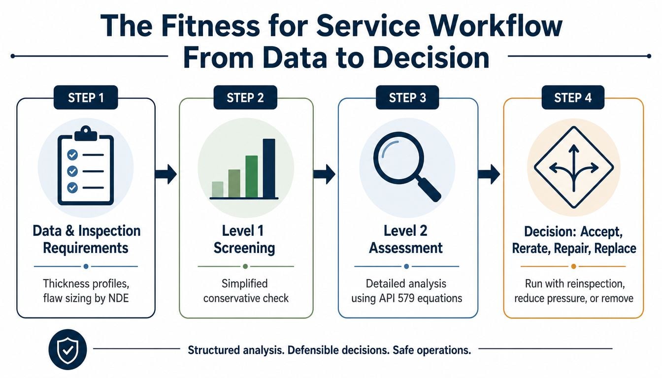A four-step workflow diagram titled The Fitness for Service Workflow illustrating the process from data to decision.