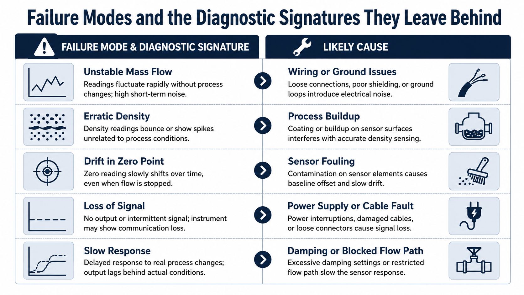 A chart illustrating common industrial flow transmitter failure modes, diagnostic signatures, and their potential root causes.