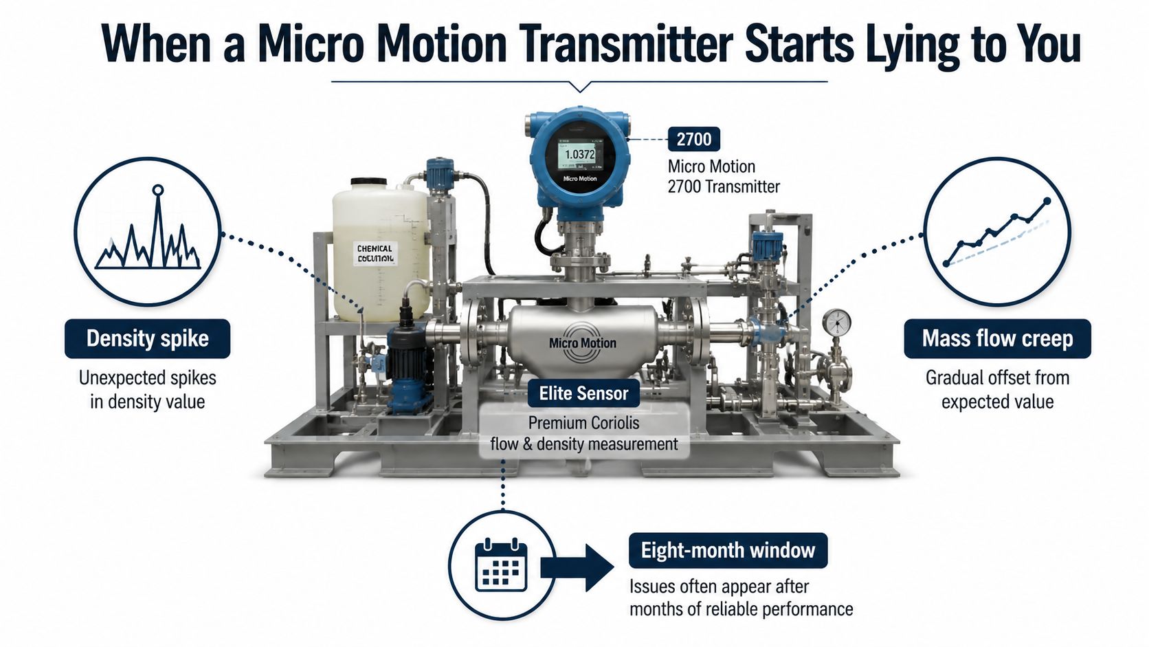 A diagram illustrating common measurement errors, including density spikes and mass flow creep, in Micro Motion transmitters.