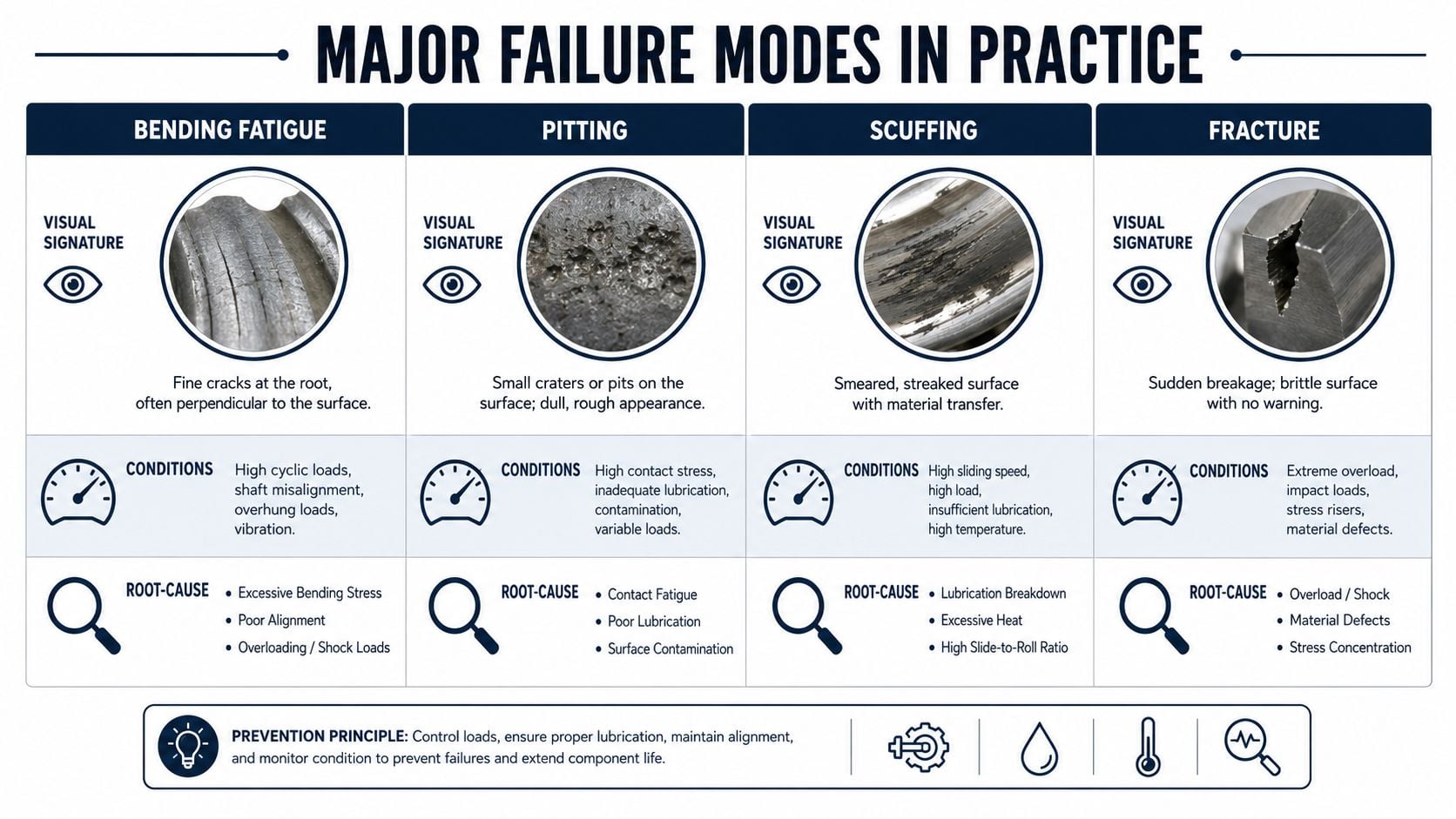 An infographic showing four major gear failure modes: bending fatigue, pitting, scuffing, and fracture with explanations.