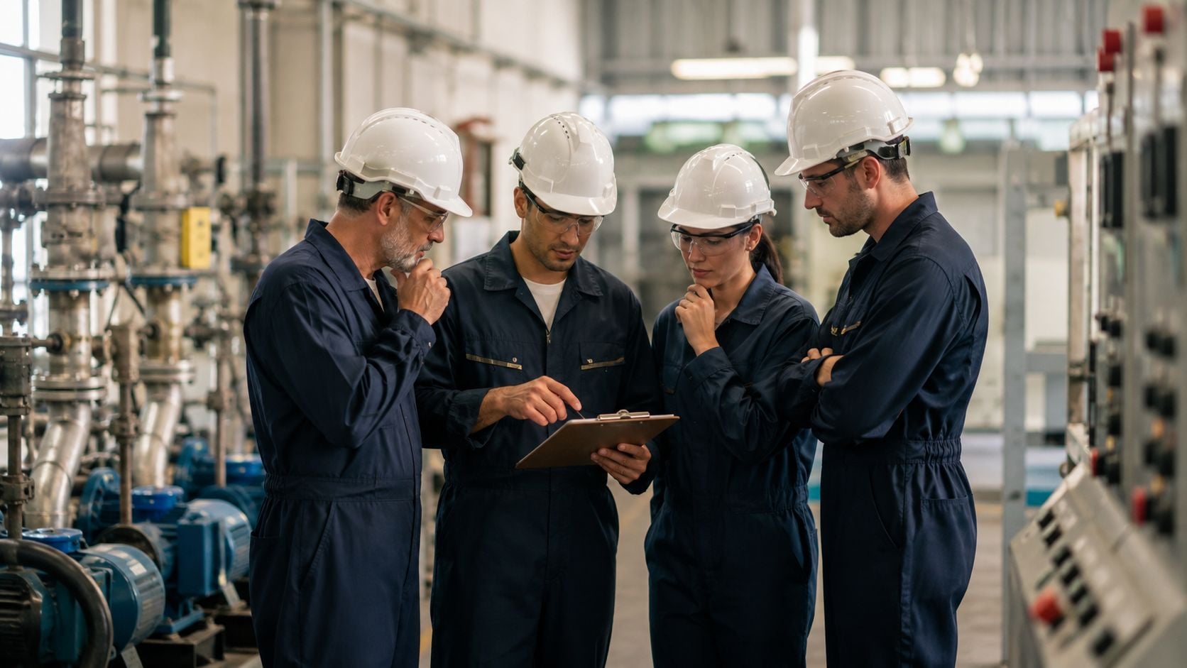 A team of four industrial engineers wearing safety gear discussing a project on a clipboard in a factory.