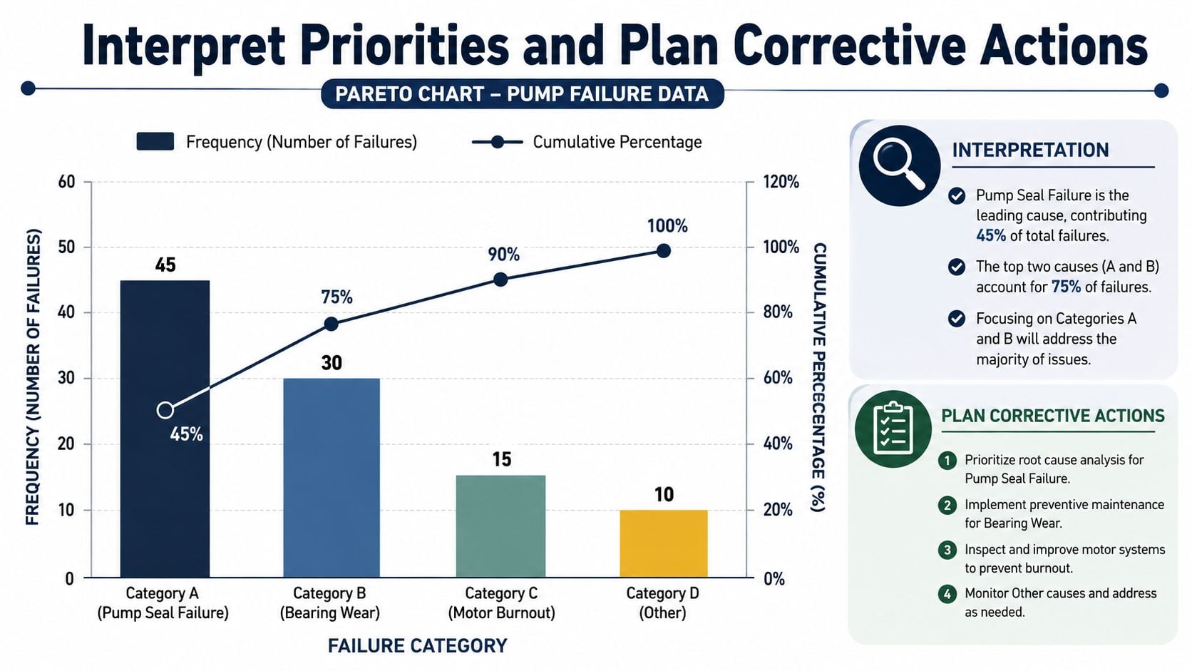 A Pareto chart visualizing pump failure data categorized by cause, frequency, and cumulative percentage for maintenance planning.