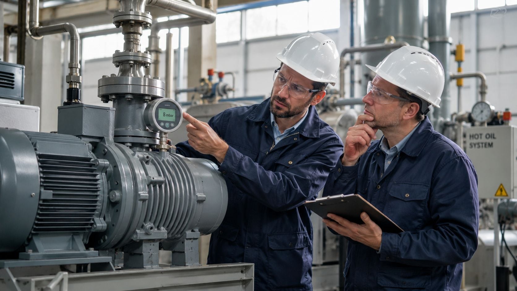 Two professional engineers in hard hats inspecting a vacuum pressure gauge on industrial equipment in a factory.