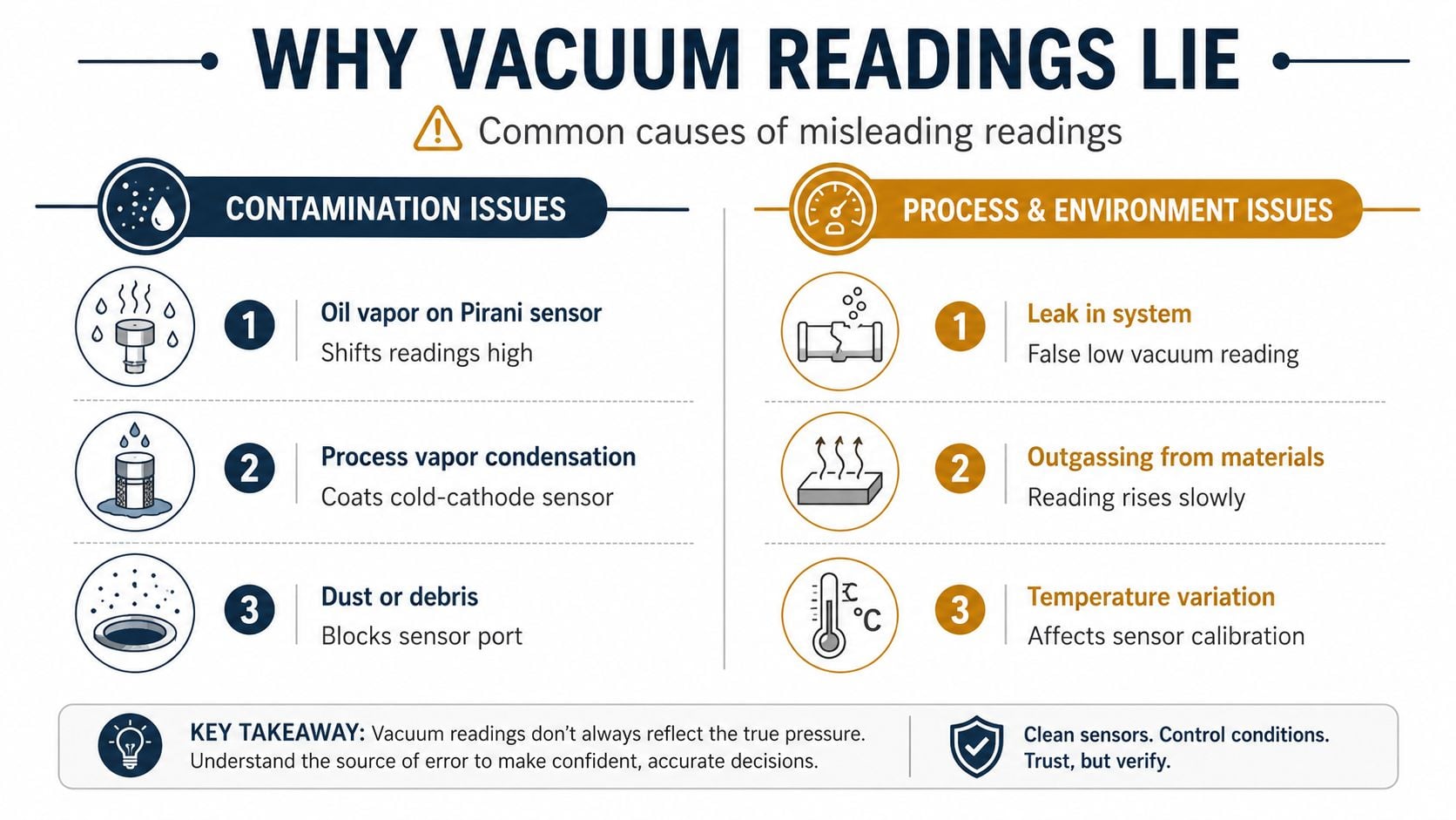 An infographic titled Why Vacuum Readings Lie, detailing common contamination and process-related causes of misleading sensor data.