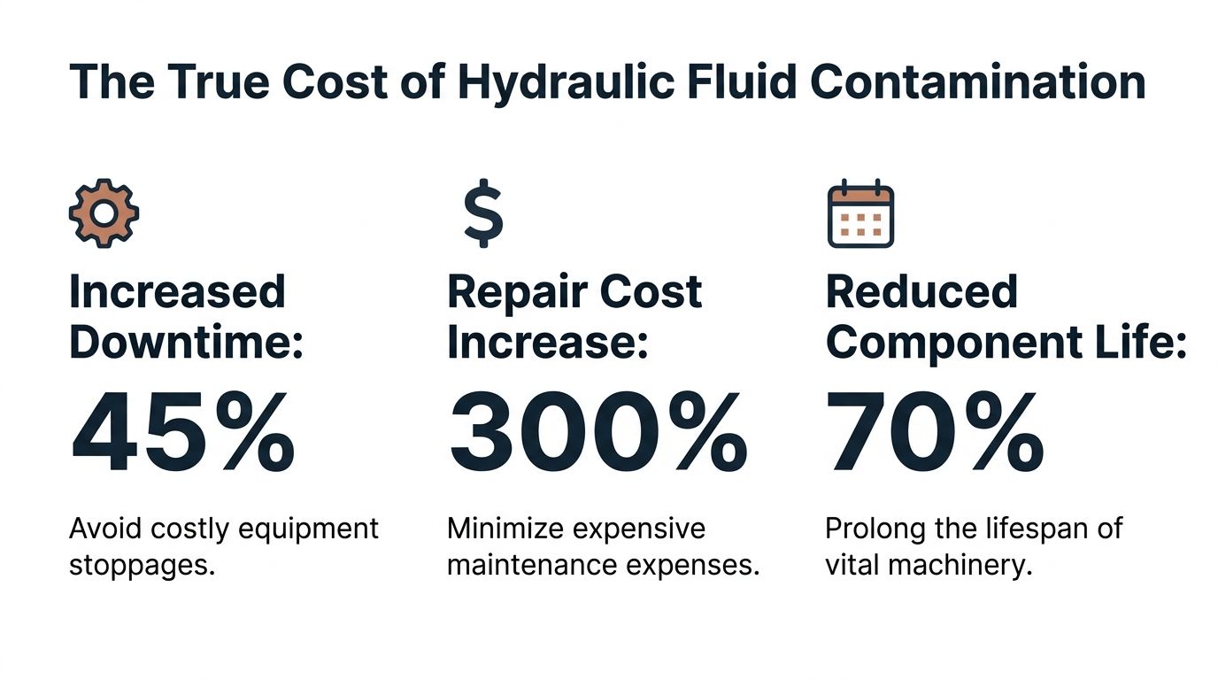 An infographic showing the negative impacts of hydraulic fluid contamination on machinery efficiency and maintenance costs.