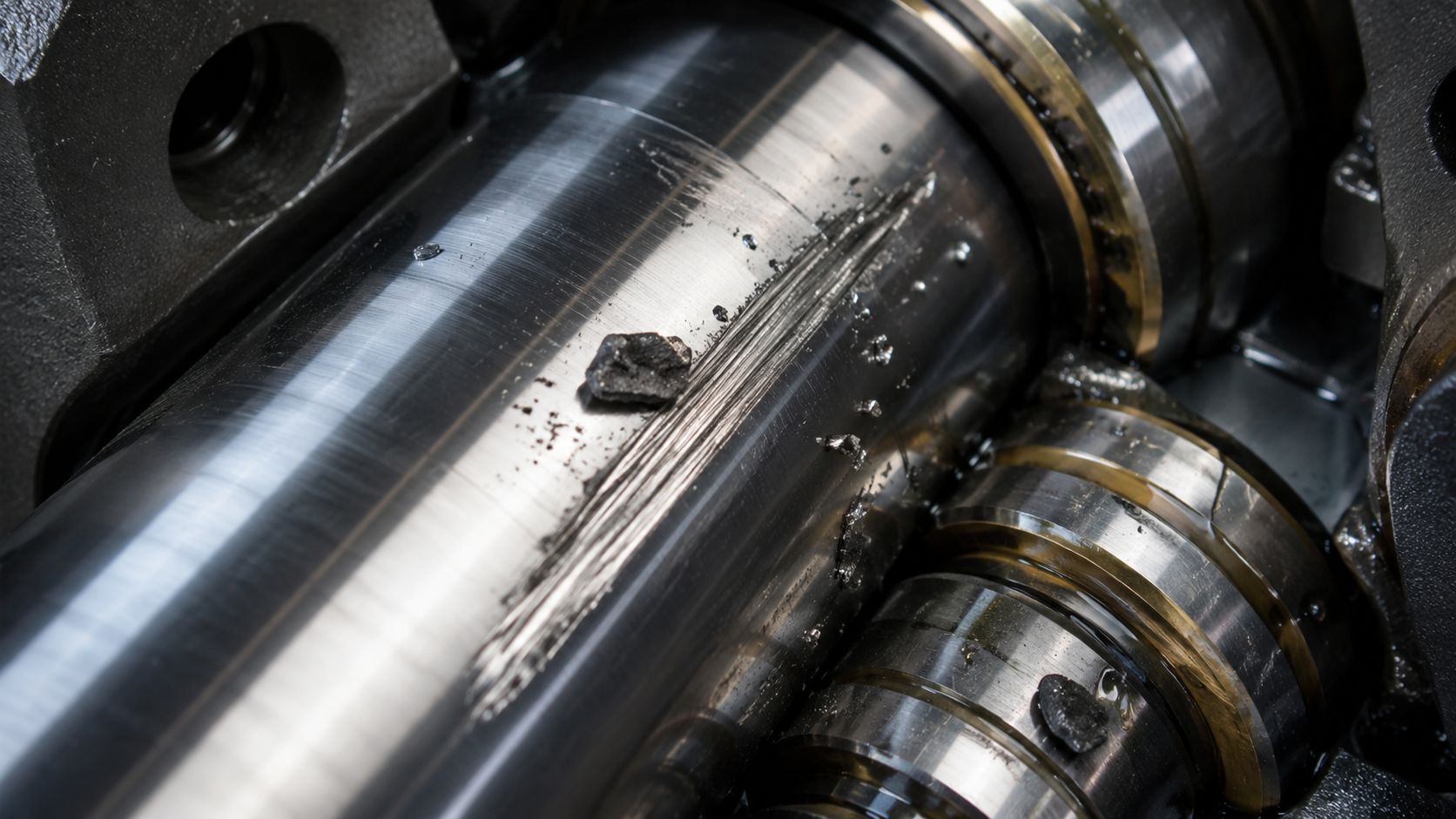 A close-up view of a metal shaft showing severe scoring, scratches, and debris from hydraulic fluid contamination.