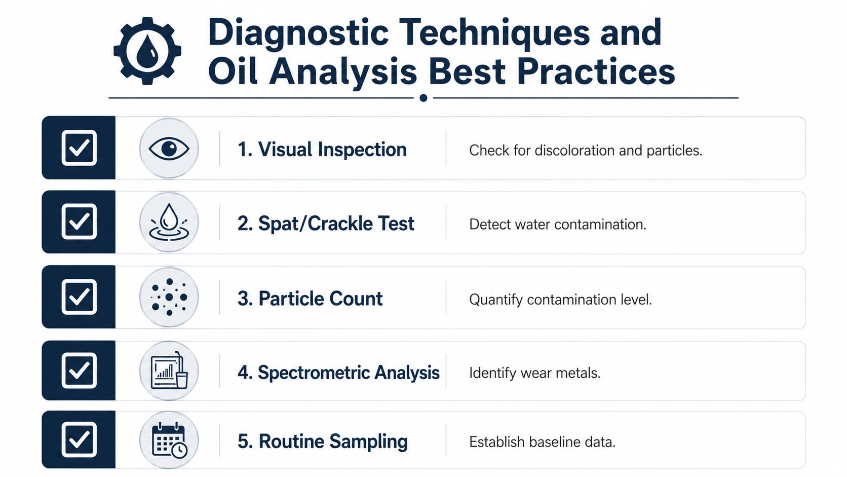 A list of five essential diagnostic techniques for monitoring the quality and health of industrial lubrication oil.