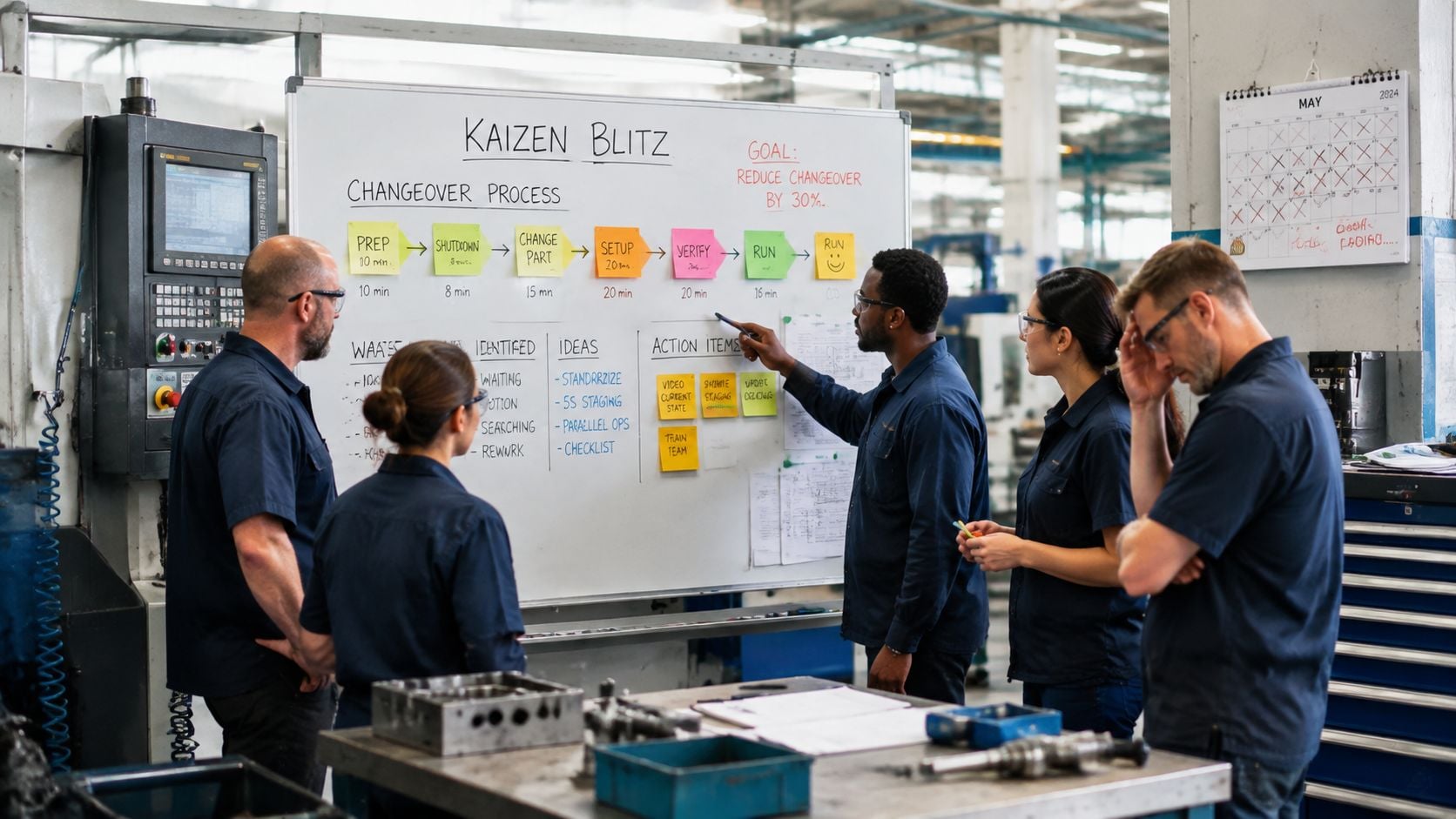 A team of manufacturing workers collaborating on a kaizen process improvement strategy in a factory setting.