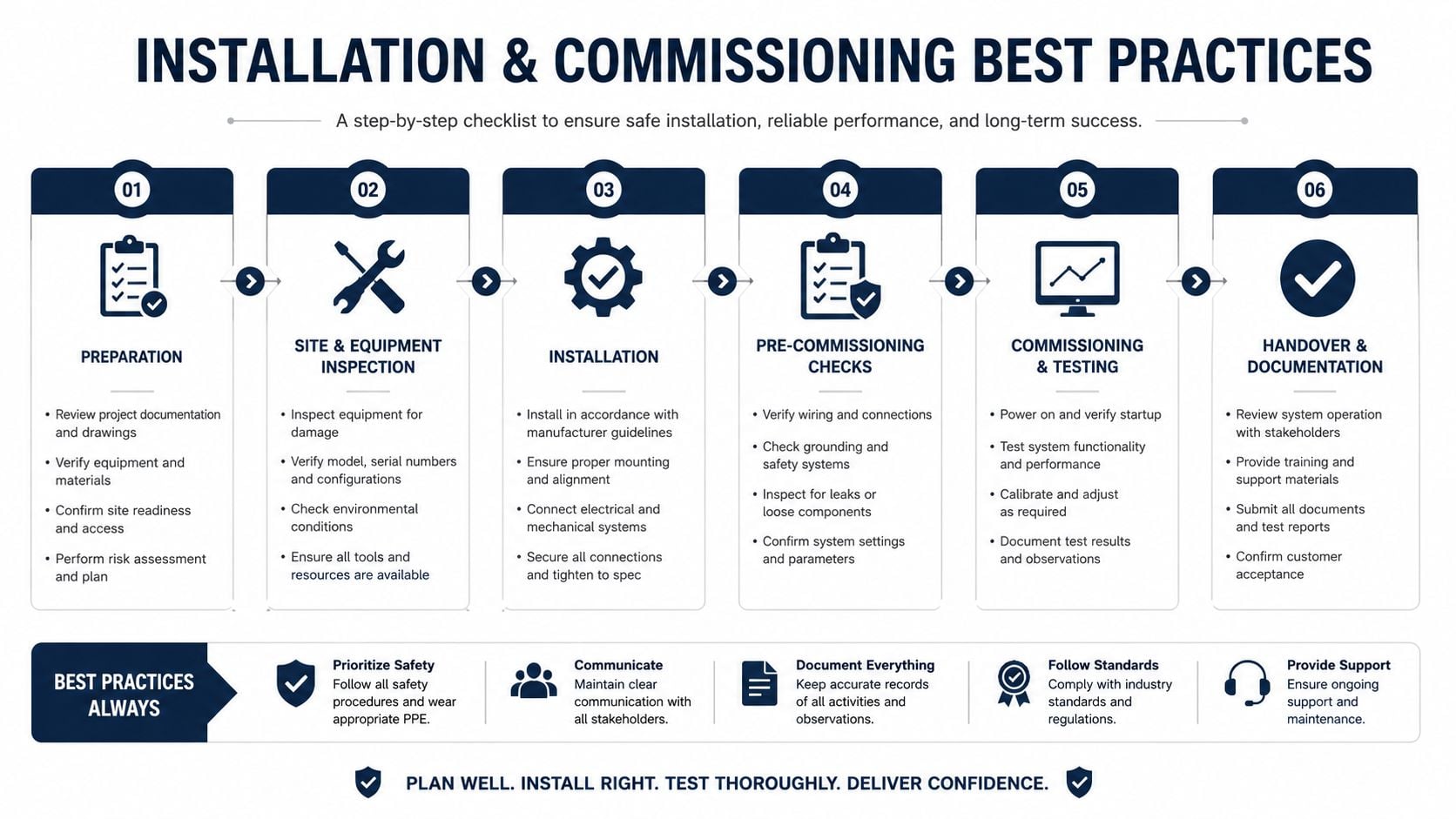 An infographic titled Installation and Commissioning Best Practices featuring a step-by-step checklist for industrial projects.