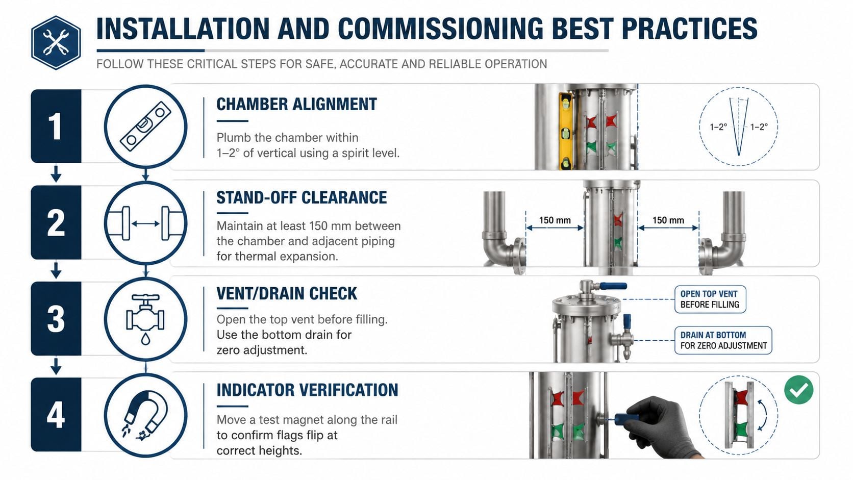 A four-step infographic showing installation and commissioning best practices for industrial magnetic level gauge chambers.
