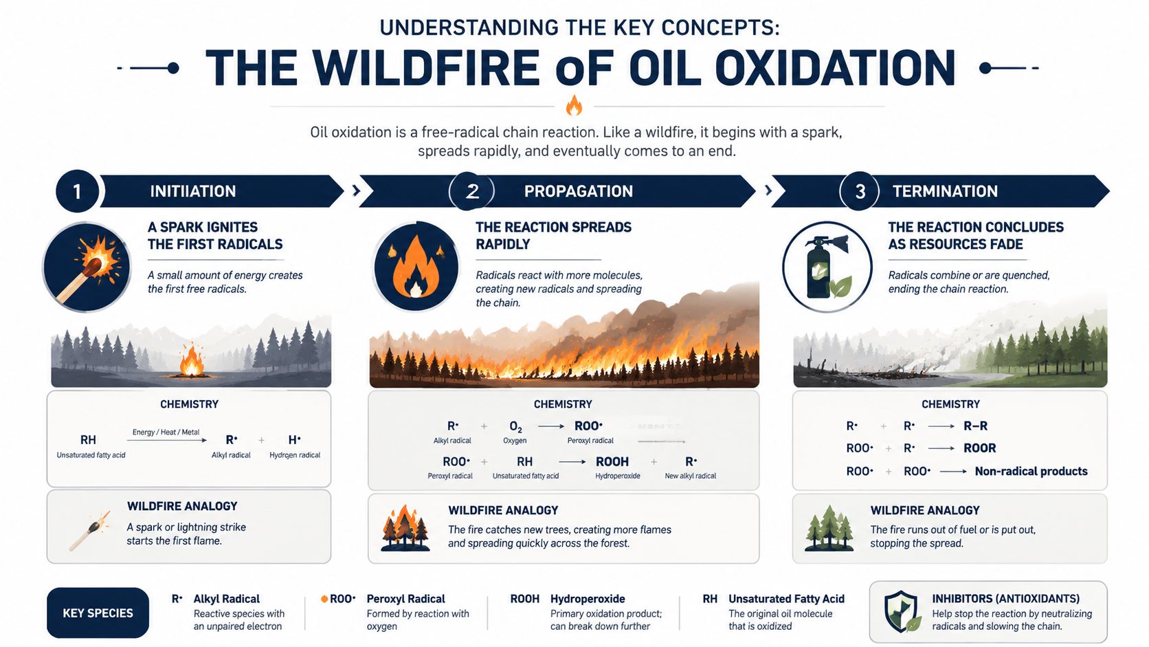 An educational infographic illustrating oil oxidation as a wildfire analogy, showing initiation, propagation, and termination stages.