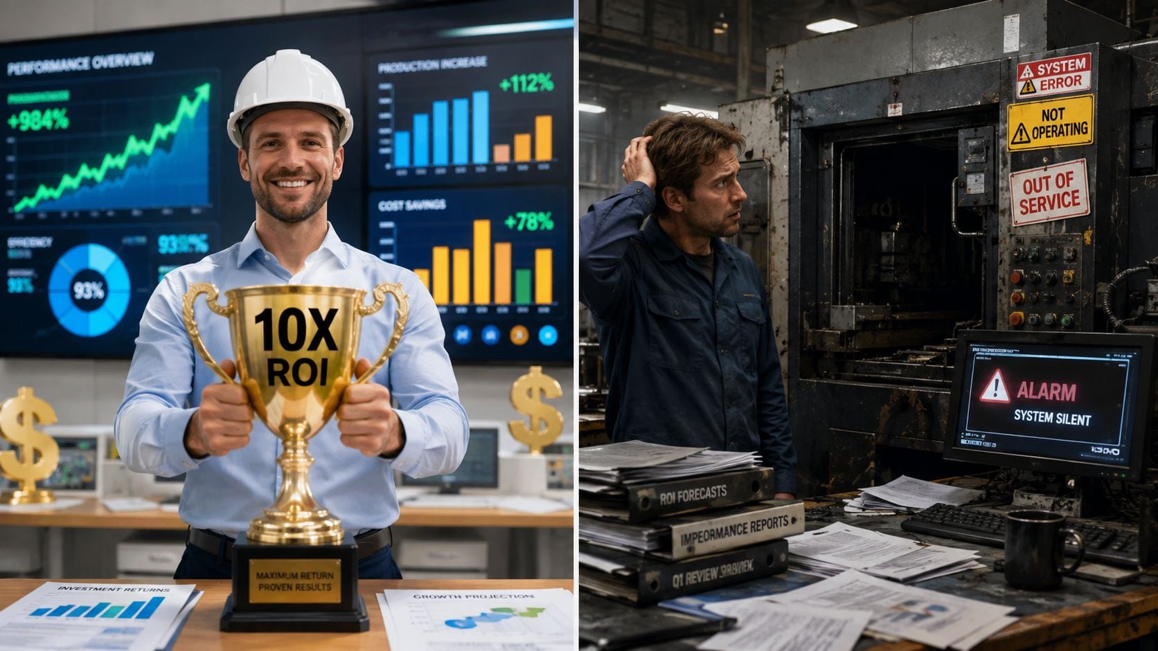 A split screen image showing a successful manager with a trophy versus a frustrated worker in a factory.