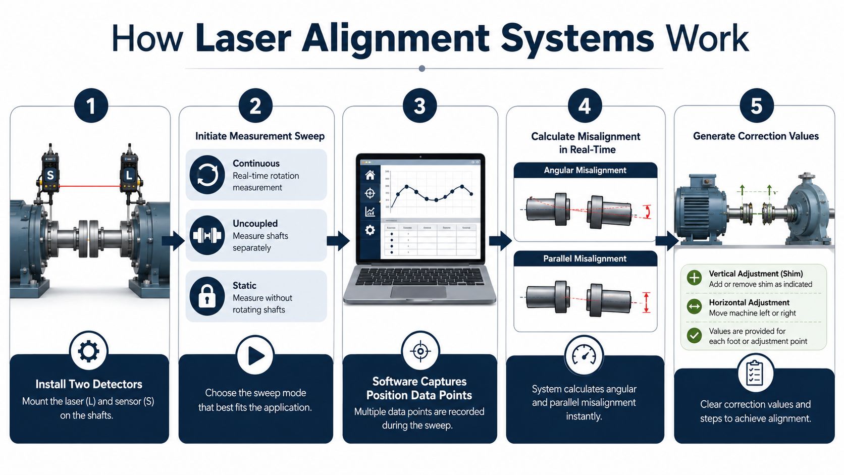 An infographic illustrating the five-step process of using laser alignment systems for industrial machinery maintenance and shafts.