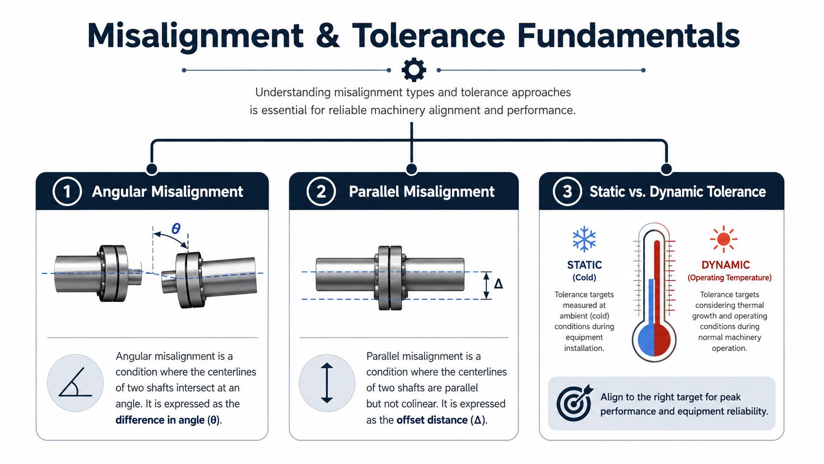 An educational infographic explaining the fundamentals of angular misalignment, parallel misalignment, and static versus dynamic tolerance for machinery.