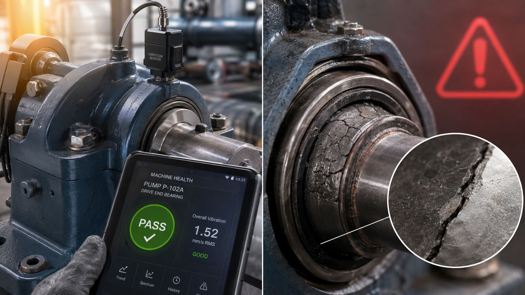 A split view showing an industrial vibration sensor on a machine and a cracked damaged bearing.
